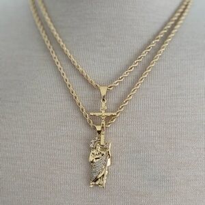 Gold plated 18” & 20”  rope chain set with small cross crucifix and San Judas